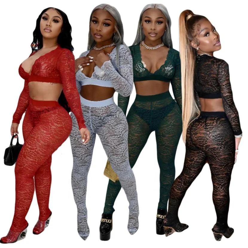 

New arrival 2021 Summer Sexy Lace 2 Piece Set Women Tracksuits Leggings Women Plus Size Two Piece Stacked Pant Set Clothing