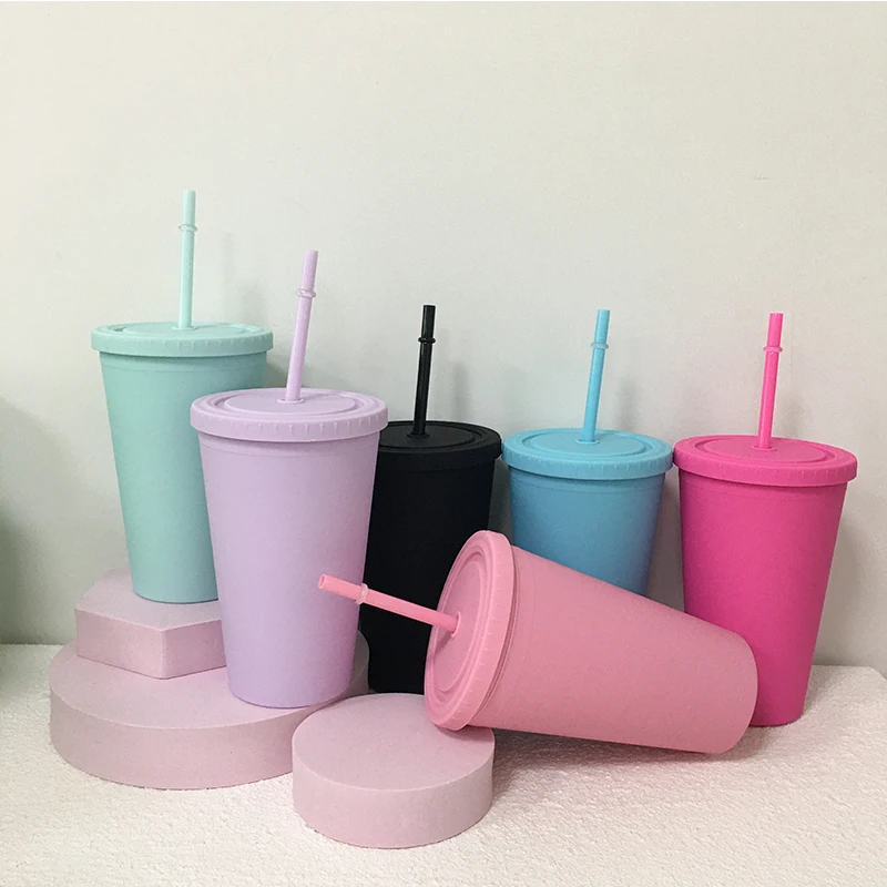 

RTS Colorful 16oz Acrylic Skinny Tumbler Beer Mugs Matte Plastic Cup Double Wall Coffee Mug with Straw for Party Gift, 6 colors can choose