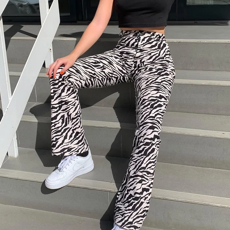 

Streetwear Zebra Print Woven Straight Pants Spring Women Clothing 2021 Harajuku Sexy High Waist Casual Trousers, Pictures showed