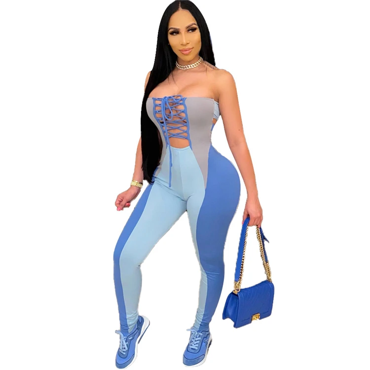 

F5193-2021 new arrivals strapless patchwork bandage one piece bodycon jumpsuit