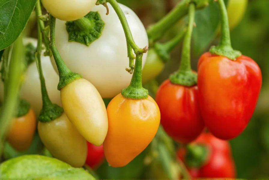 Close-up of candy cane pepper fruits at various stages of ripening showing color transition from white to red