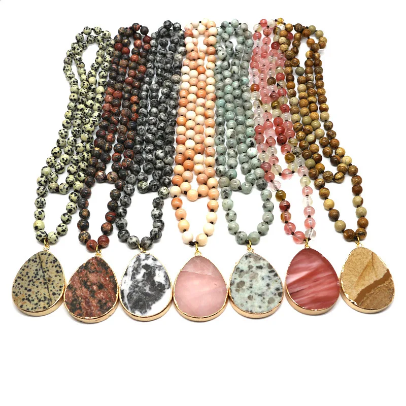 

Fashion jewelry natural stone hand knotted stone pendant necklace