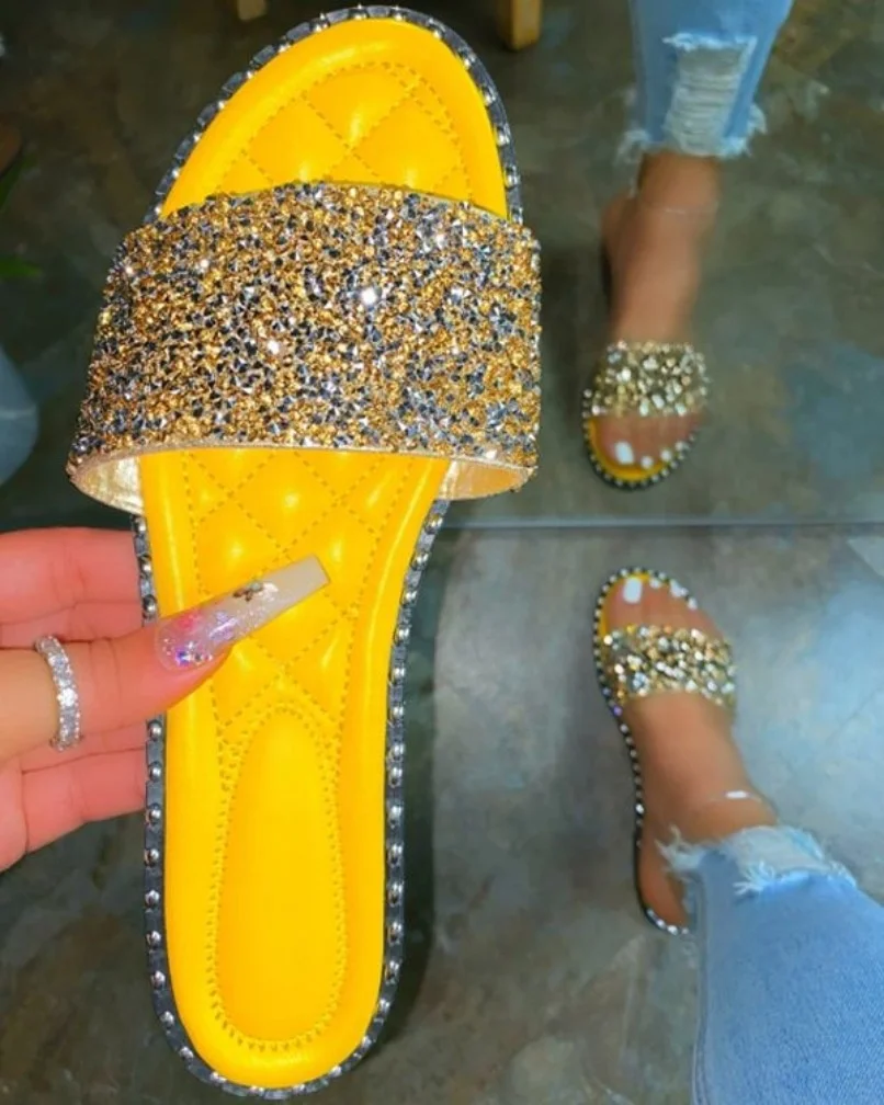 

Hot-Selling Rhinestones Rivet Slides Slippers Round-Toe Flat Ladies Slippers Gold Orange Yellow Lightweight Pure Color Slippers