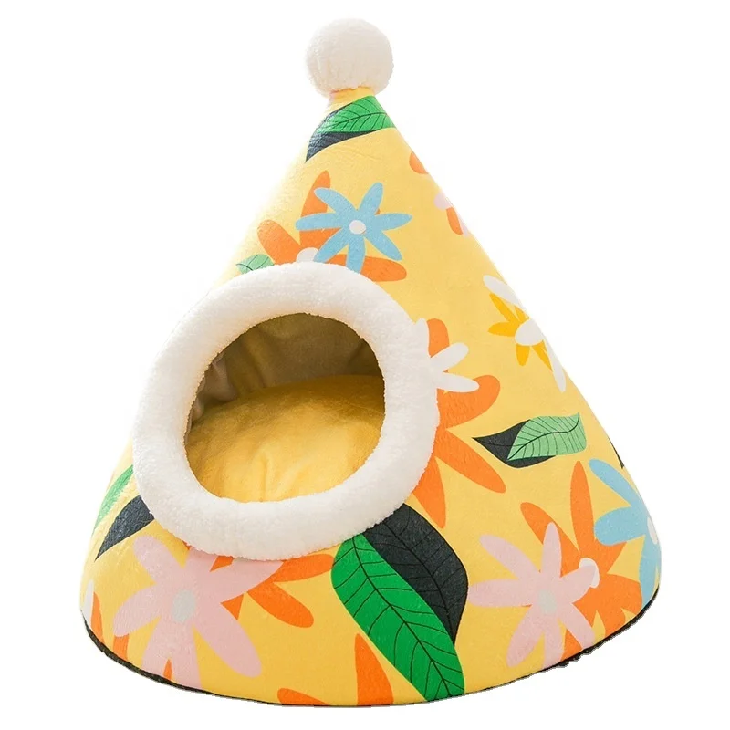 

Secure novelty triangle yurt cat house small animals comfy cozy tent teepee nest comfortable indoor non slip cotton dog cat bed