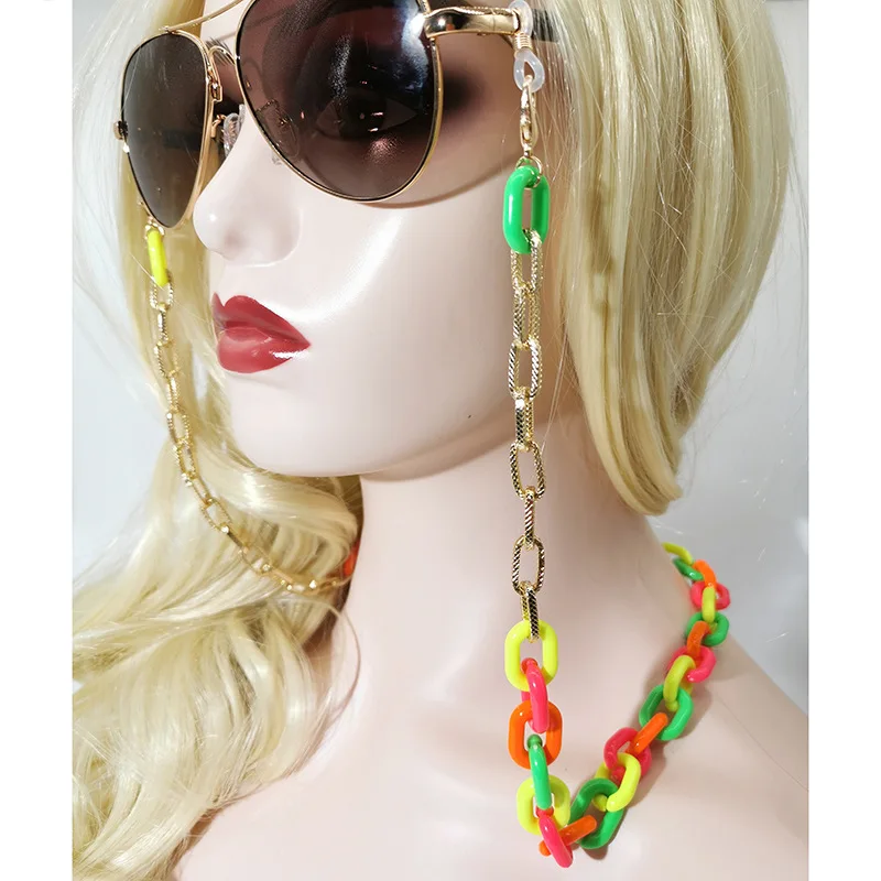 

Ins Fluorescent Rainbow Color Sunglasses Strap Irregular Splicing Aluminum Chain Colorful Acrylic Masking Holder, Gold