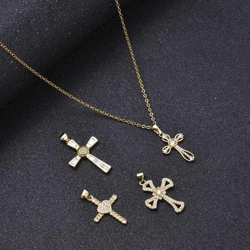 

Wholesale Religious Jewelry 18K Gold Plating CZ Cross Pendant Necklace Crystal Rhinestone Cross Necklace For Christian