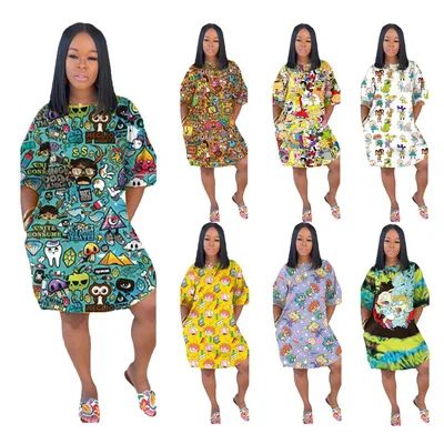 

2021 Hot new hot style plush size women ruffled fashion cartoon casual dress