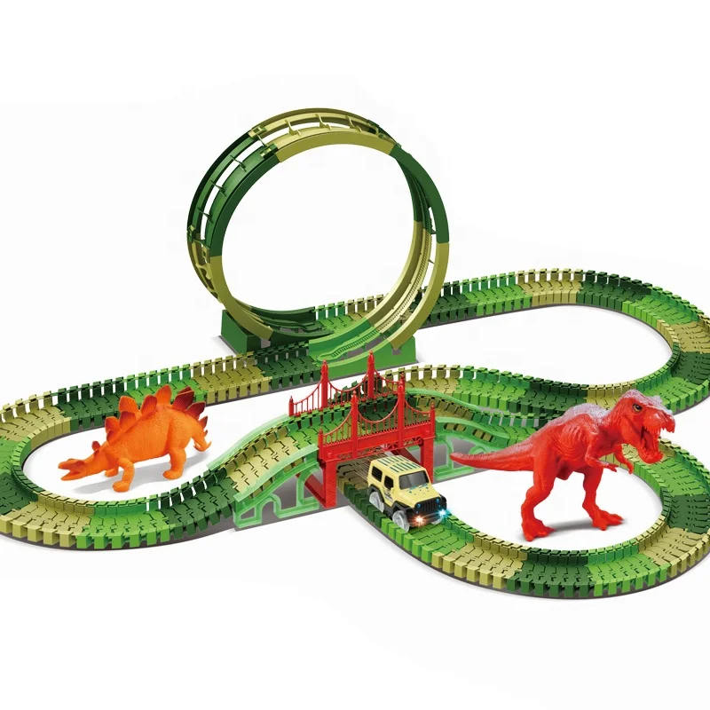 Electric 262 pcs kids diy slot dinosaur track toy with led light cars