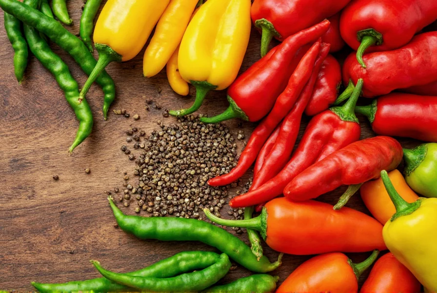 Colorful array of different pepper varieties including bell peppers, jalapeños, habaneros, and peppercorns arranged on wooden table
