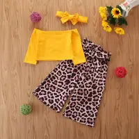 

Toddler Kids Baby Girls Clothes Sets Long Sleeve Off Shoulder T Shirts Tops+Leopard Print Wide Leg Pants Headband 3pcs suit