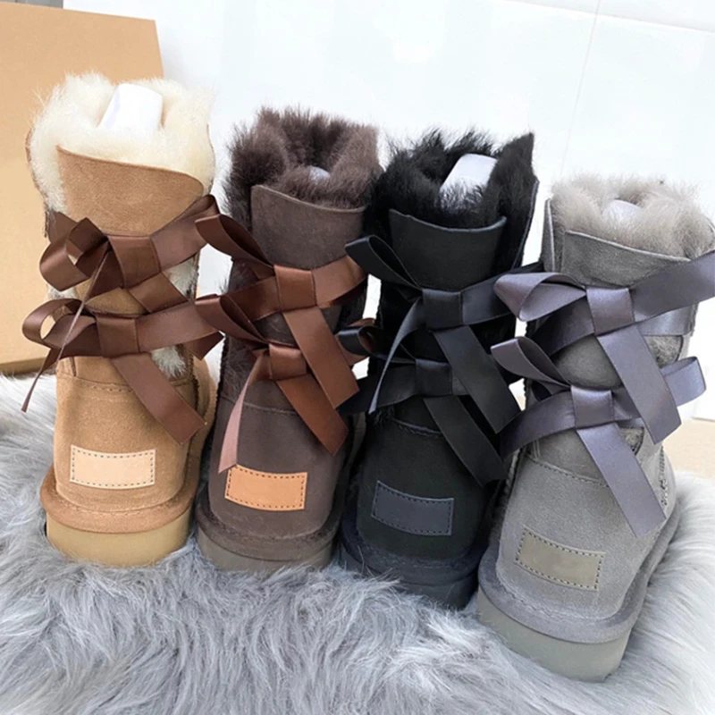 

Wholesale Fashion Ladies Winter Lamb Wool Fur Boots Genuine Sheepskin Snow Boots with Bailey Bows for Women