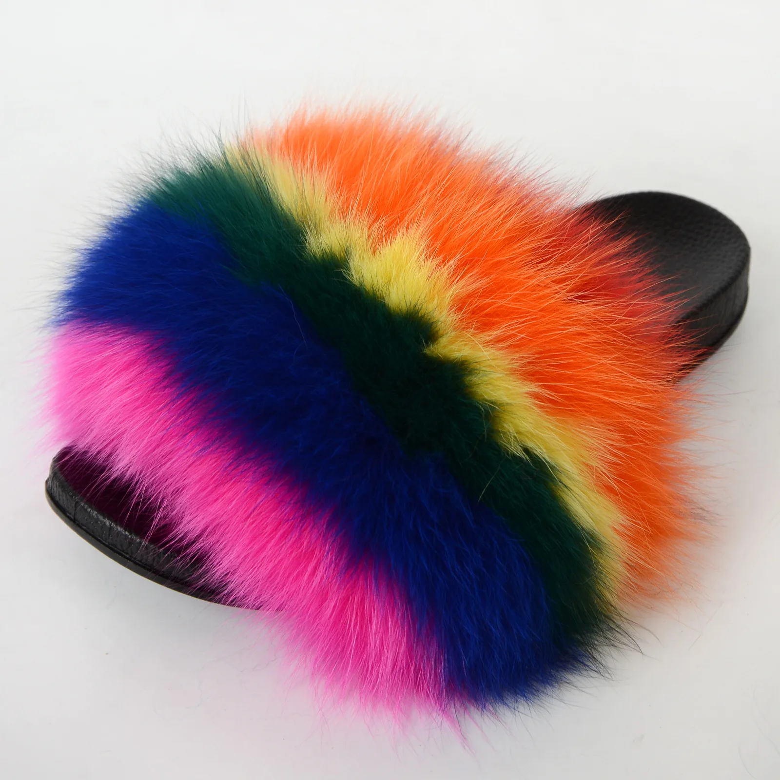 

Curlyfur Women Fashion Strip Rainbow Colors Fluffy Real Fox Fur Home Slippers
