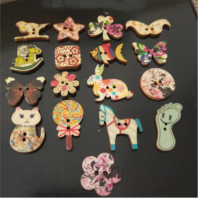 

100 pcs butterfly fish horses with various shapes handmade DIY wooden buttons, Colorful