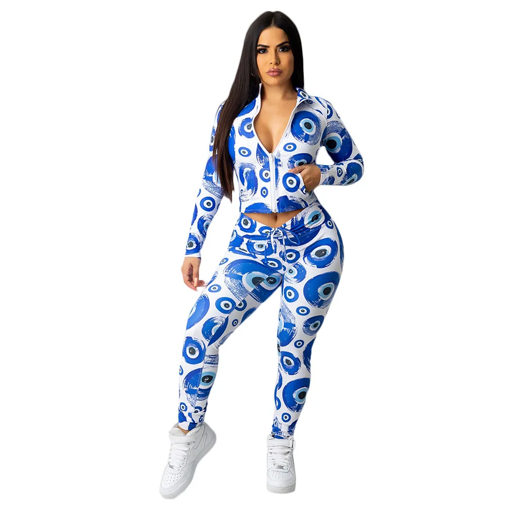 

New Autumn Short Zip Top Breathable Seamless Yoga Women Tracksuit Fitness Print Sport wear 2 Piece Set, Blue
