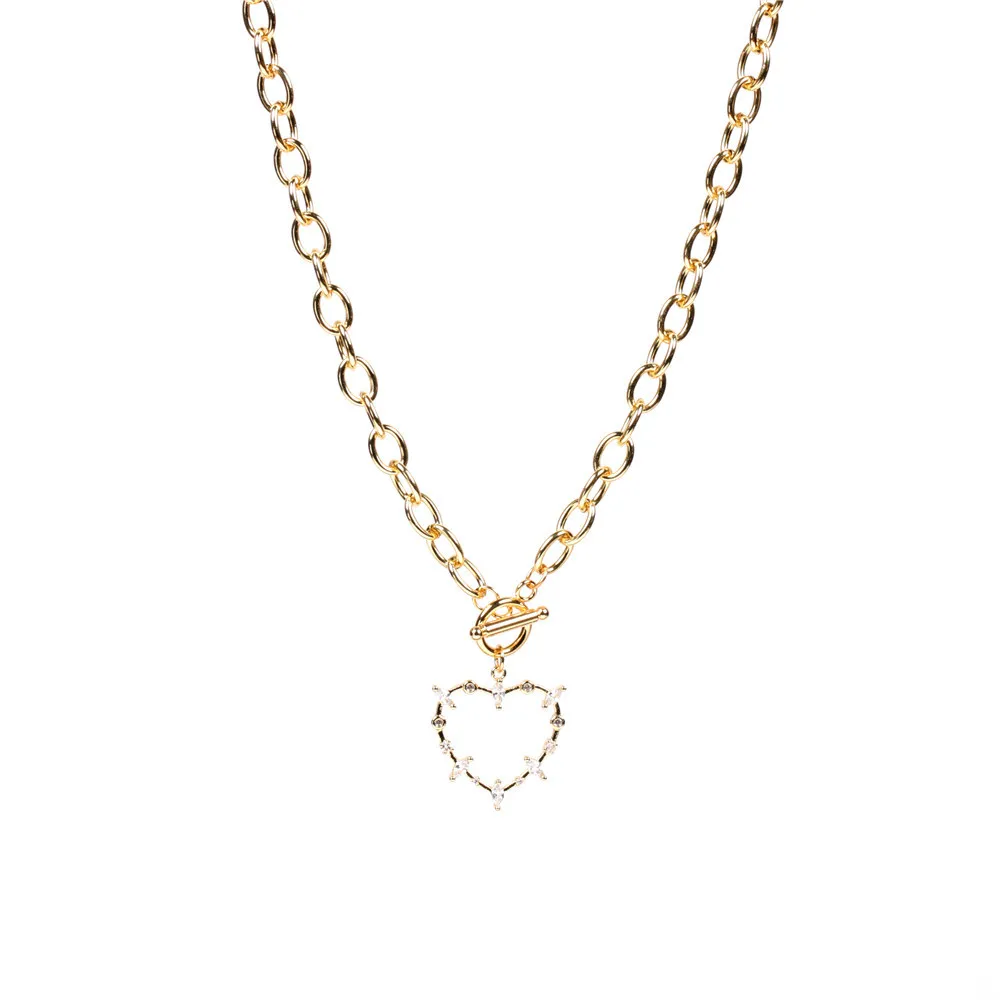 

Wholesale zircon hollow heart pendant brass necklace INS tide OT buckle thick chain hip hop copper gold plated necklace, Picture shows