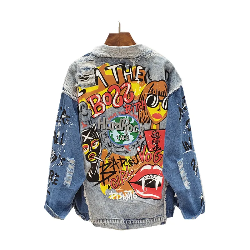

Fashion Streetwear Jeans Coat 2021 Spring Autumn New Fashion Denim Jacket Graffiti Printing Long Sleeve Denim Coats for Women