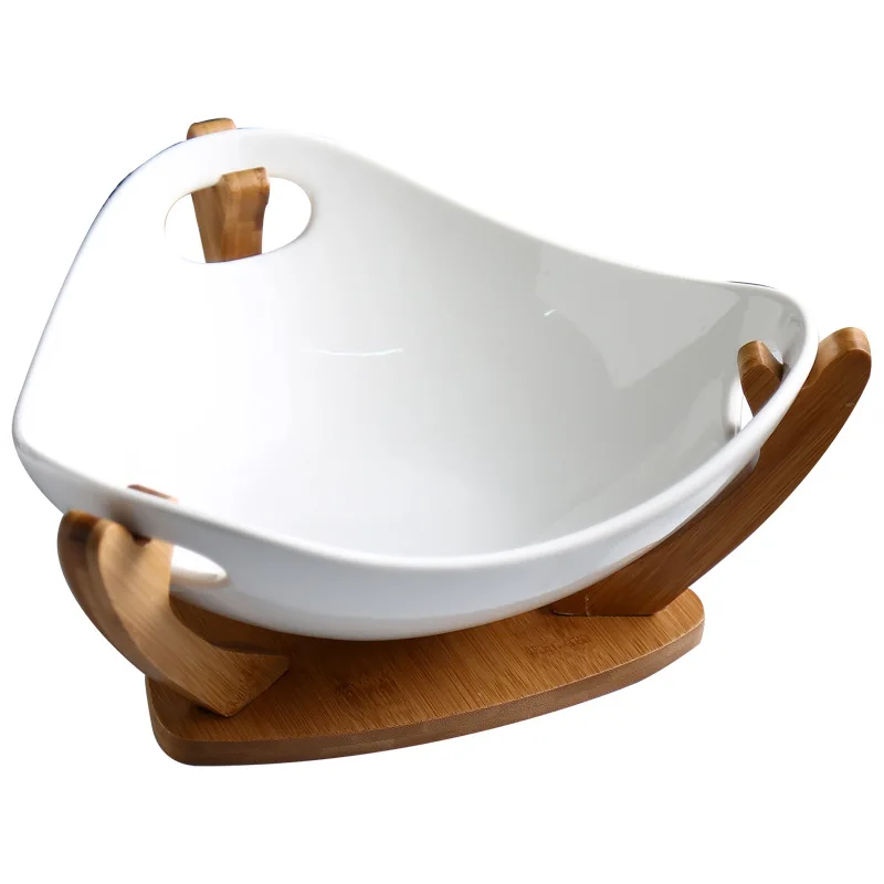

Nordic white ceramic large fruit bowl salad bowl with bamboo stand