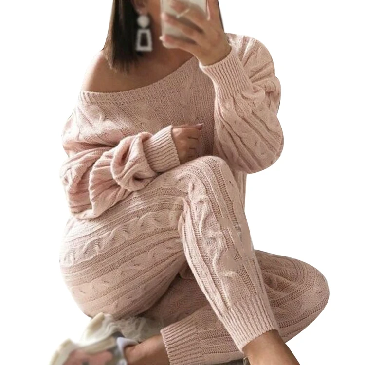 

2021 Hot sell warm autumn winter ladies cozy knit set women 2 piece fashion women clothing sweater fall two piece set