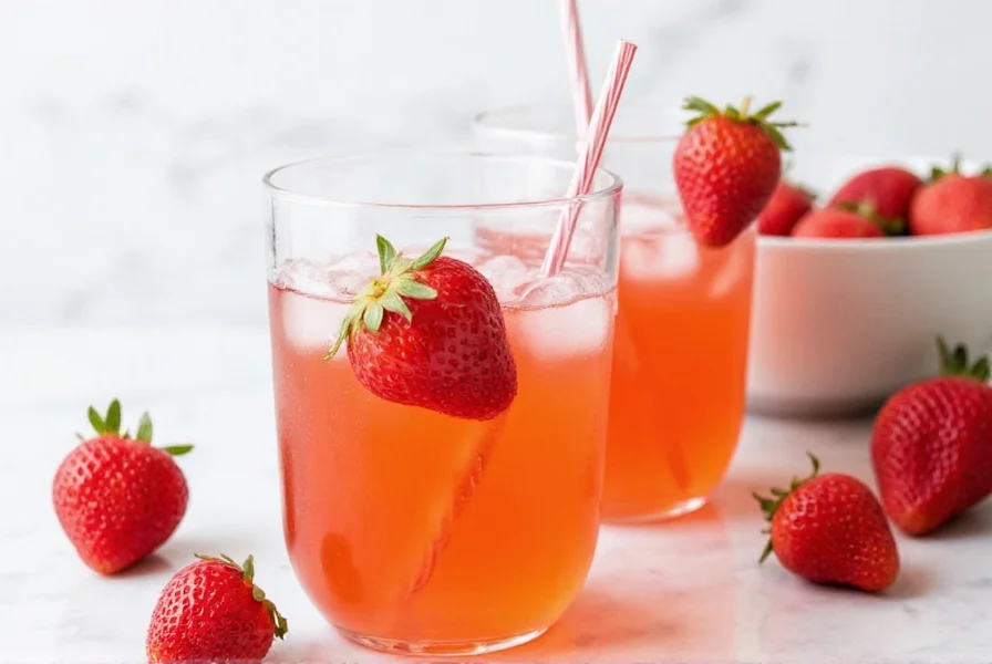 Finished glass of homemade strawberry ginger ale with strawberry garnish