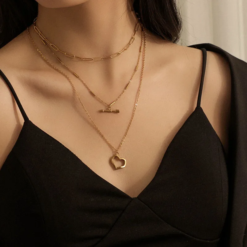 

Trendy 3 layer gold plated stainless steel heart charm pendant necklace