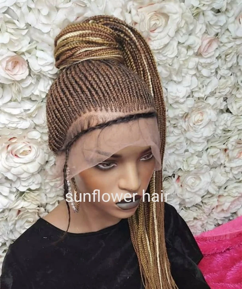 

wholesale synthetic cornrows braided hair wig brown color with highlight braids wig full lace wig for black women