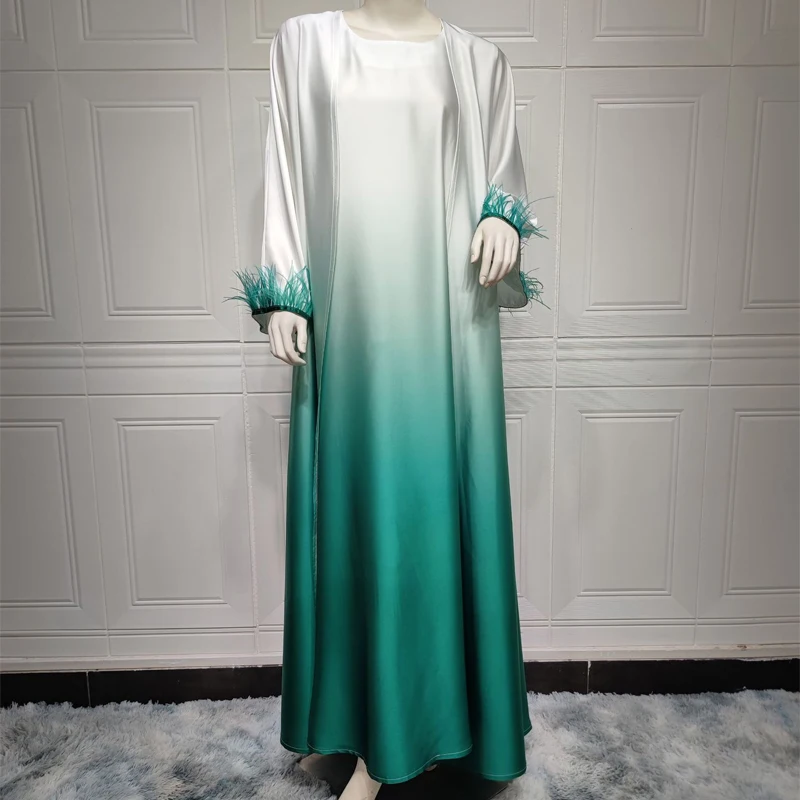 Hot Selling Modest Dubai Abaya Islamic Clothing Muslim Women Wear Kimono Slip Dress Ombre Feather 2 Piece Set Abaya