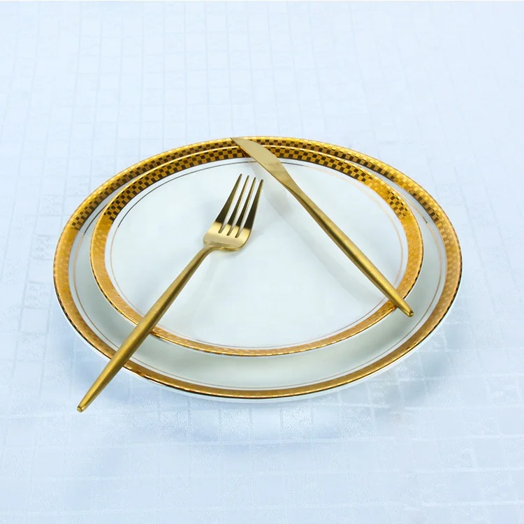 

Hot selling luxury wedding tableware plates and dishes wholesale ceramic porcelain white gold rim wedding plates