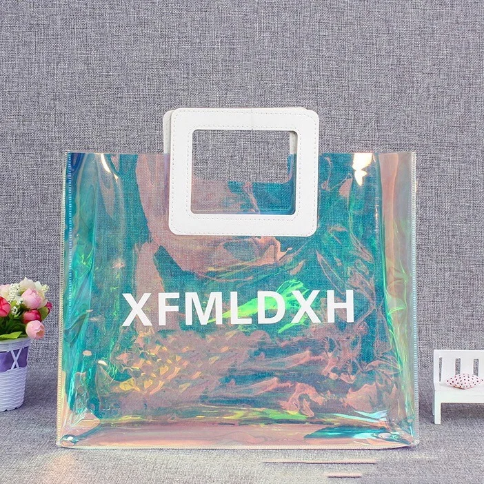 

Custom holographic tote bags large recyclable shopping bags high quality clear transparent tote bag