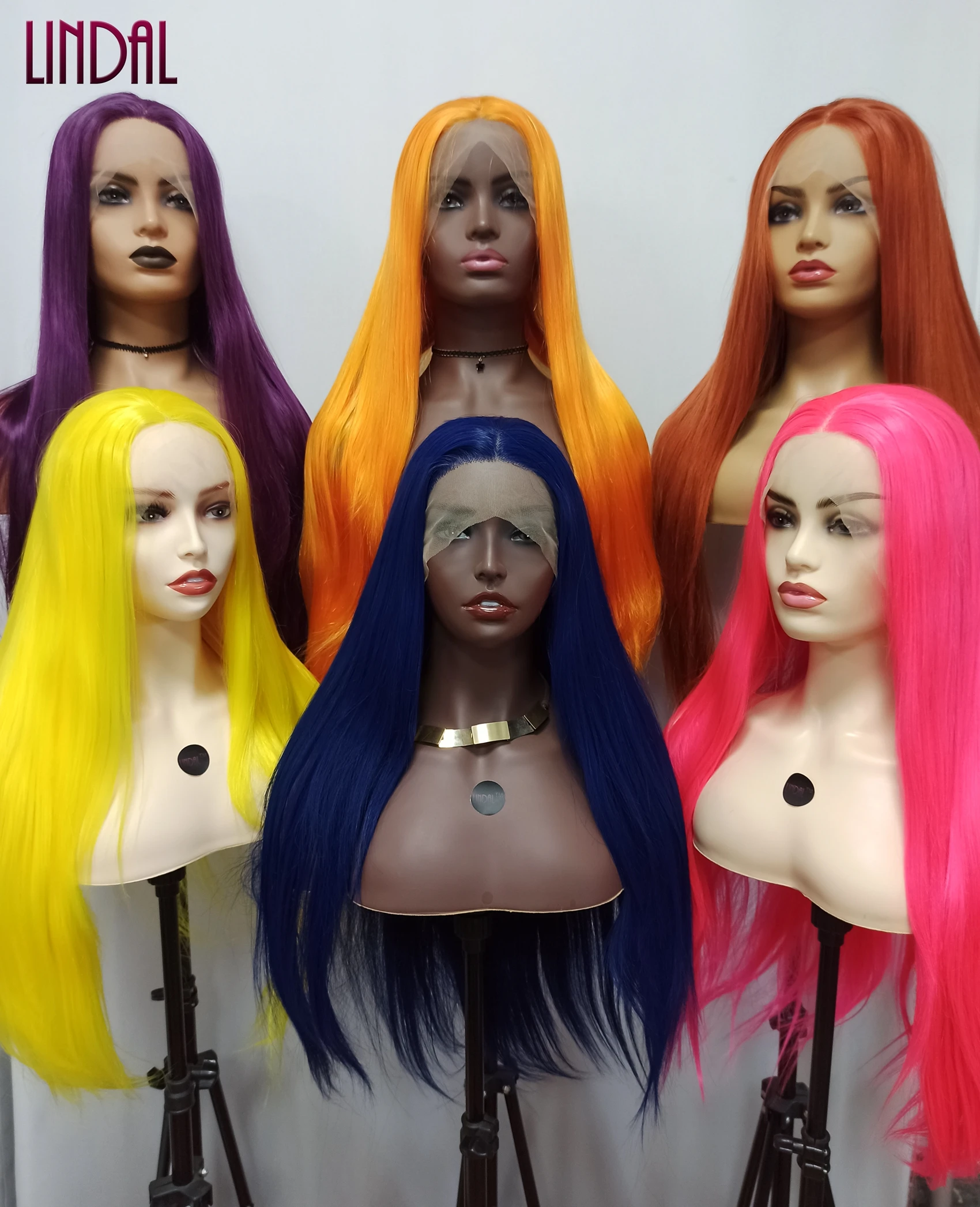 

LINDAL customize hot sell rainbow color synthetic lace front wig multicolor heat resistant fiber colorful synthetic wigs