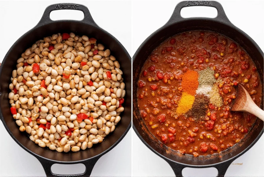 Step-by-step preparation of vegetarian bean chili showing beans, vegetables, and spices in a cast iron pot