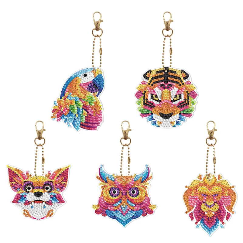 

5-Piece Set Diamond Painting Keychain 5d Diamond Art Keychain Pendant Owl Lion Parrot Rhinestone Keyring Decor