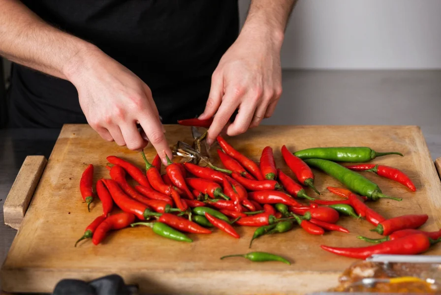 Chef's hands carefully preparing various chili peppers with proper safety equipment, showing different preparation techniques