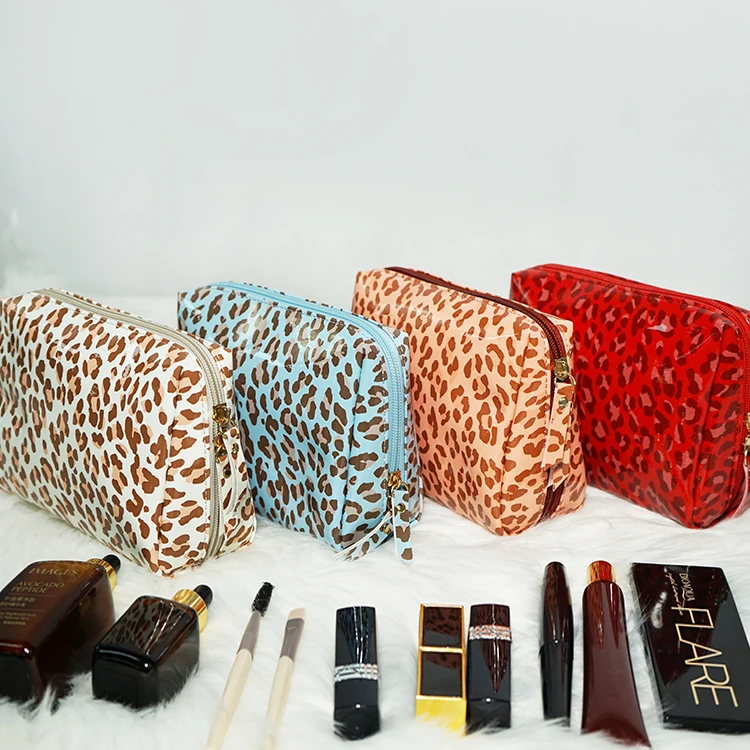 

Wholesale Leopard Print Square Toiletry Bag Color Smooth PVC Material Make Up Bag Internal Layered Cosmetic Bags