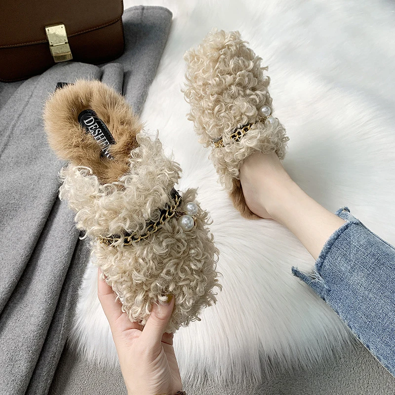 

MMX328 Wholesale Women Famous Brand Pearl Decorated Flat Luxury Slippers, White pink grey green blue