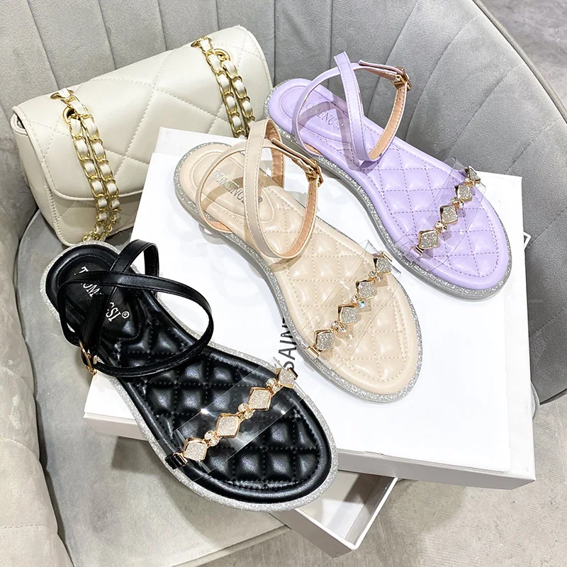 

Summer Sandals Women 2021 Ladies Leather Soft Bottom Elastic Band Flat Rhinestone Sandals Women Shoes, Black,white,purple