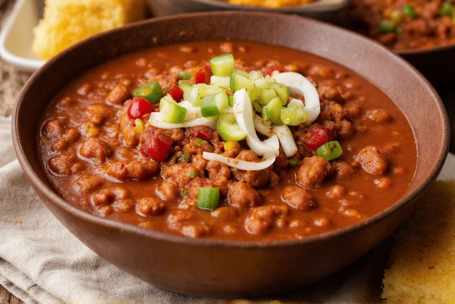 Authentic presentation of homemade chili in bowl with traditional toppings and cornbread