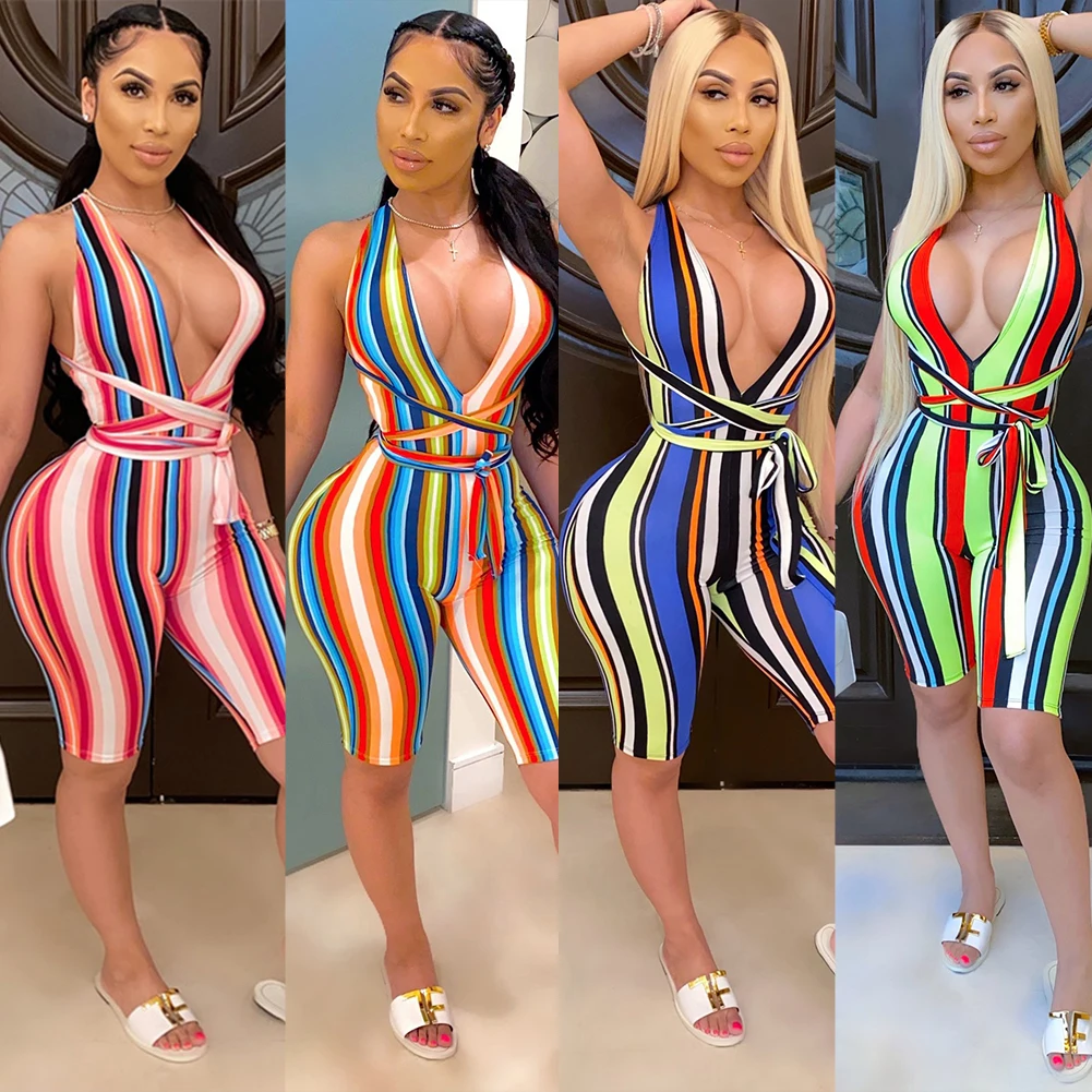 

2020 New Style Casual Womens Clothing Stripe Printed One Piece Women Summer Casual Sexy Tight Jumpsuit And Rompers