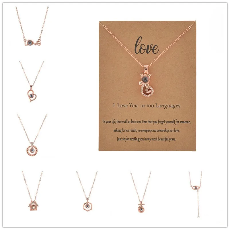 

100 Languages I Love You Necklace Rose Gold Love Memory Projection Zircon Pendant Necklace for Christmas Valentines Day Gifts
