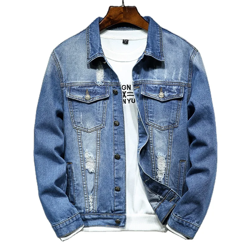

2020 New Men Ripped elastic Skinny jeans jacket hip hop male Slim Cotton Solid color Streetwear Casual denim jacket