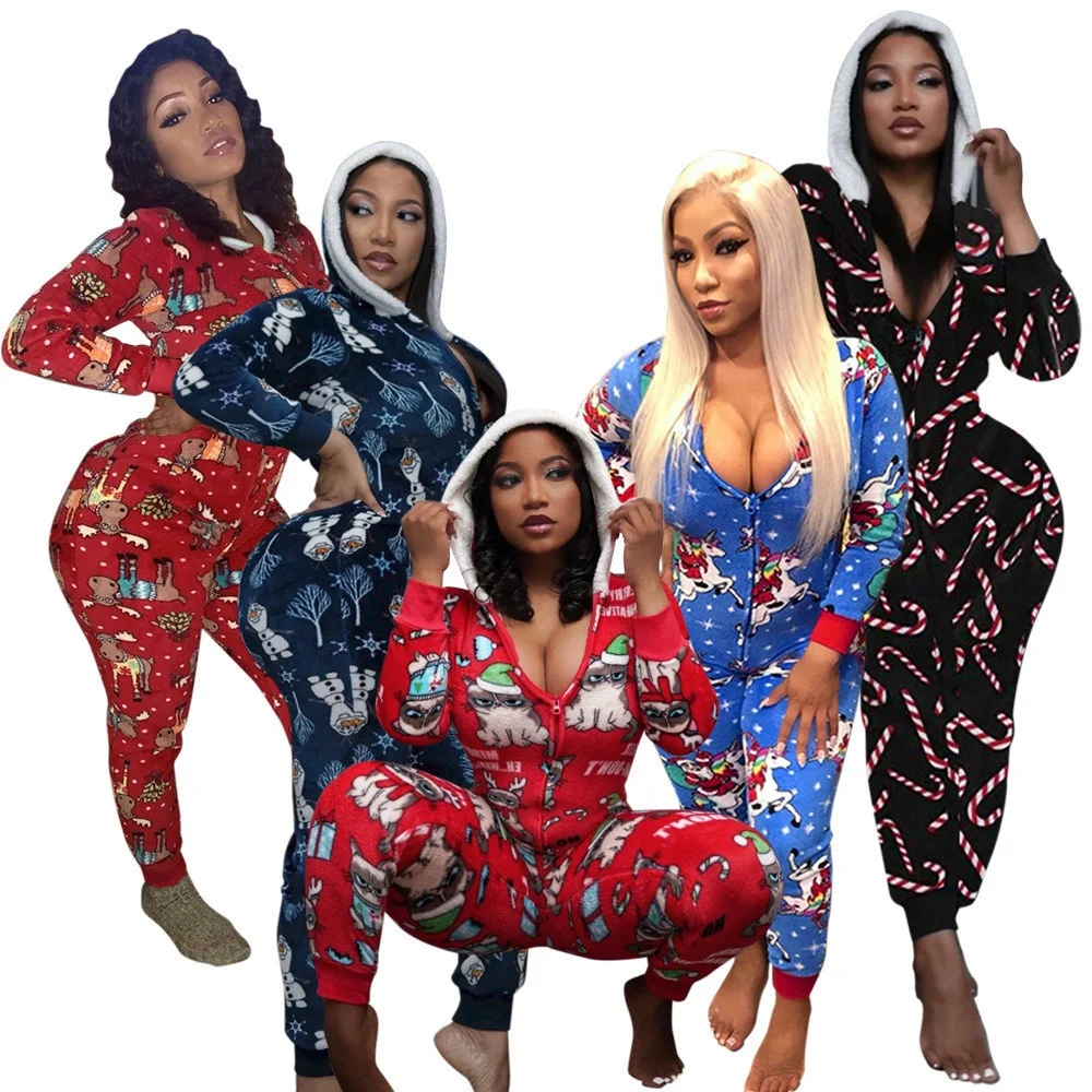 

2021 christmas onesie pajamas Women Casual hooded Christmas family V-neck christmas pajamas custom print adult onesie jumpsuit, Picture