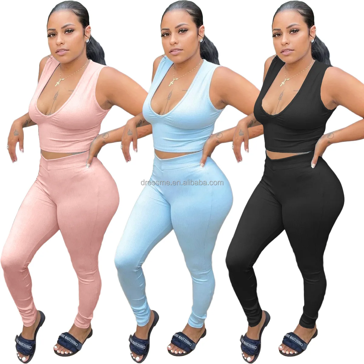 

MT122-9310 jogging suits wholesale Pure Color Sleeveless Two Piece Outfit Female Crop Top And Trouser 2PC Pants Set Women