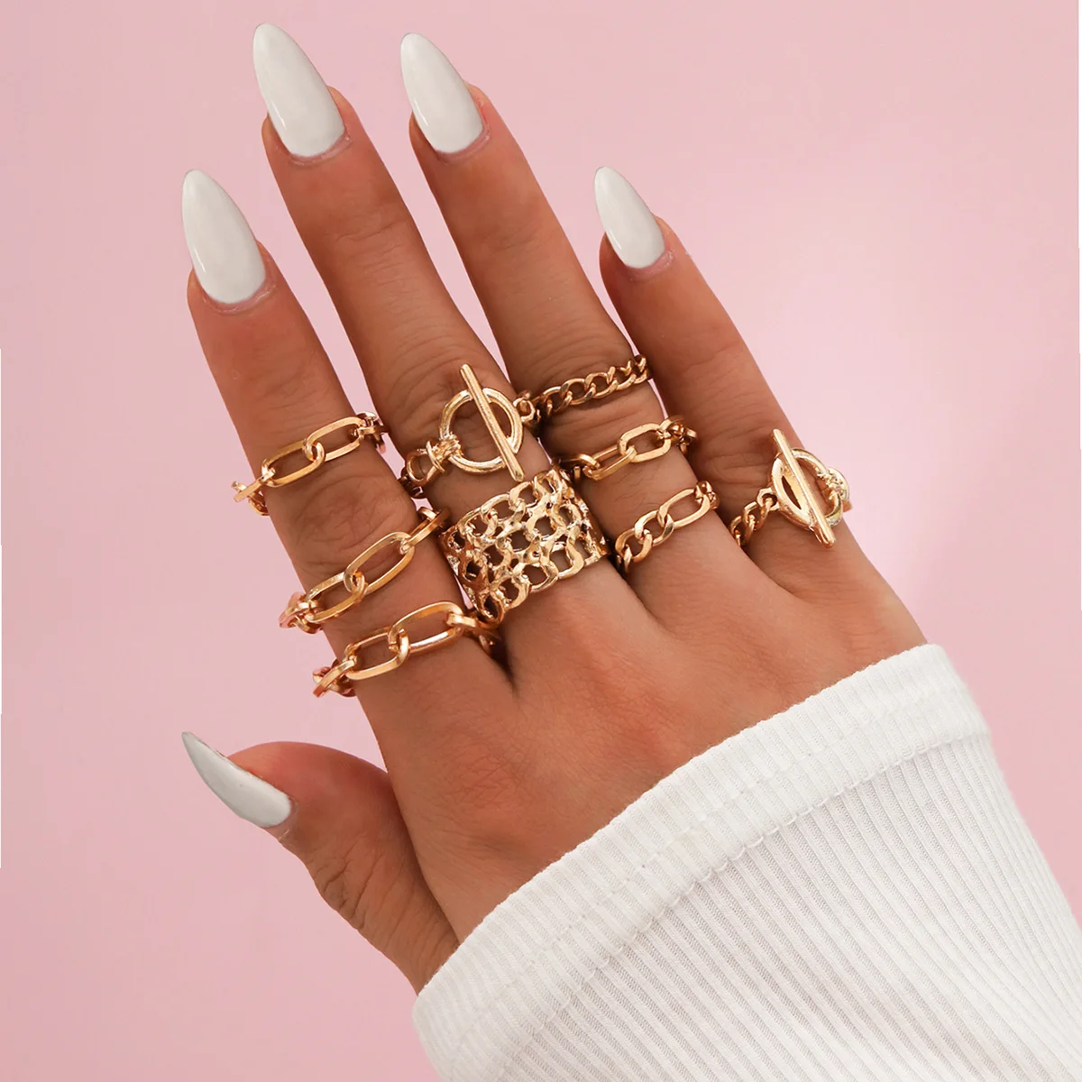 

9 Pieces Set Punk Hip Hops Link Cuban Chain Finger Rings For Girl, As picture