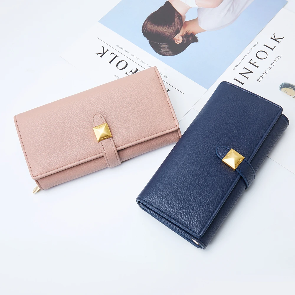 

New Design Women Bifold PU Leather Wristlet Long Wallet with Card Holder ID Window Coin Purse, Caramel,pink,black,dark blue,light gray,wine red