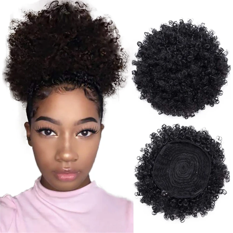 

100% Human Hair Afro Puff Curly Ponytail Wholesale 8inch Natural Color Afro Short Human Hair Drawstring Ponytails