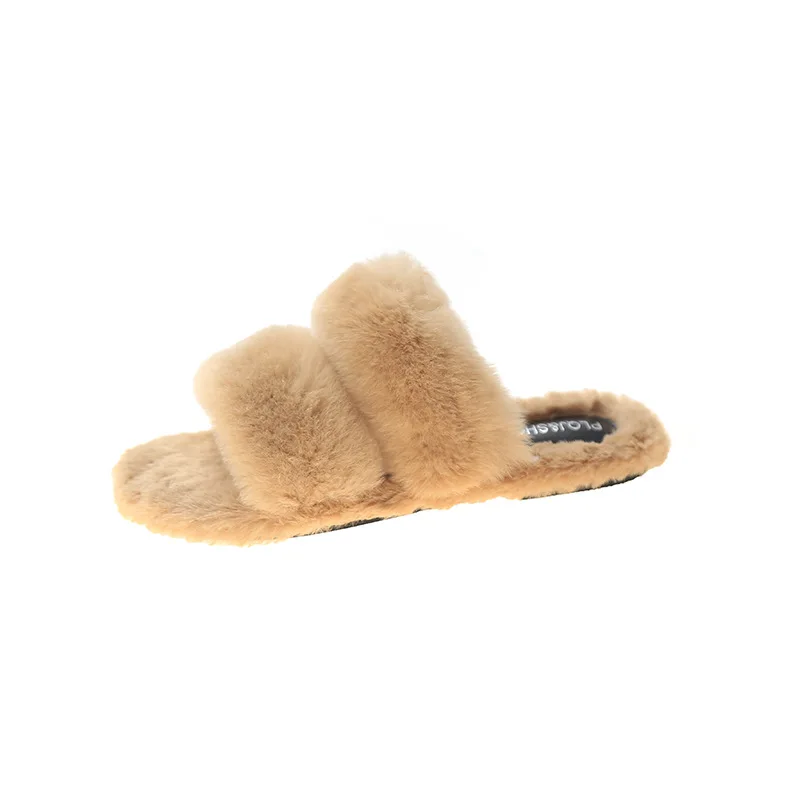 

Outdoor Wear Real Rabbit Fur Slipper Woman Winter 2021 New Flat Warm One-Word Lazy Cotton fluffy Slippers Home Wholesale
