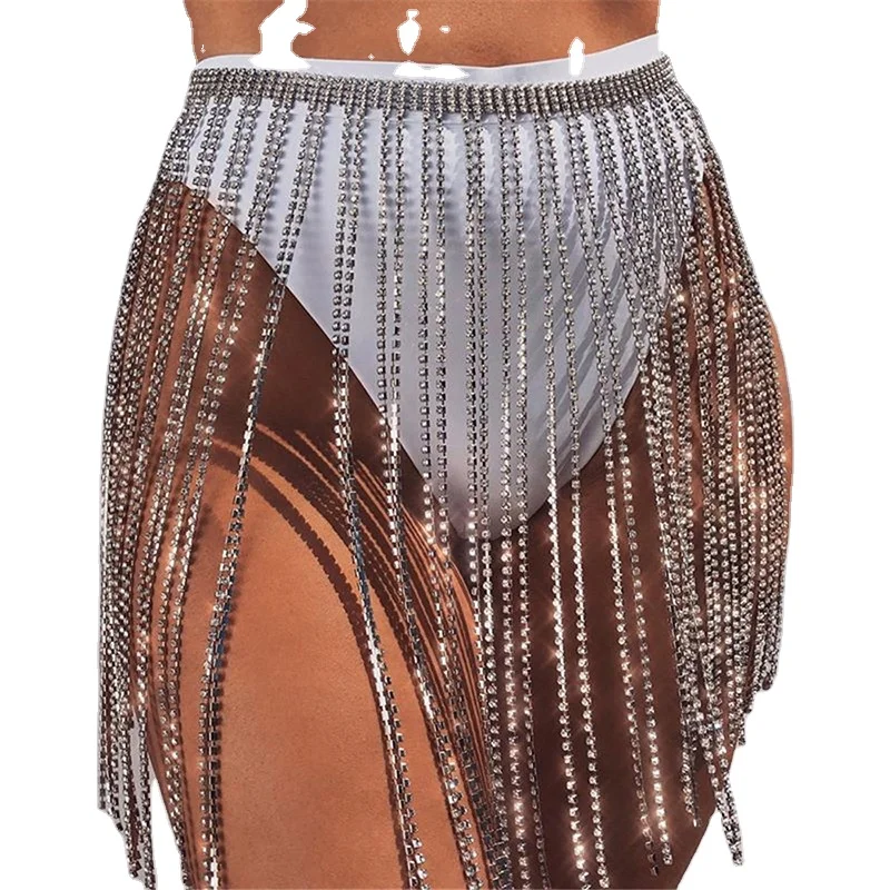 

2020 New Arrivals Exaggerated Sexy Clubwear Flare Women Clothing Body Chain Rhinestone Mini Skirts With Tassel Waist, Multi color