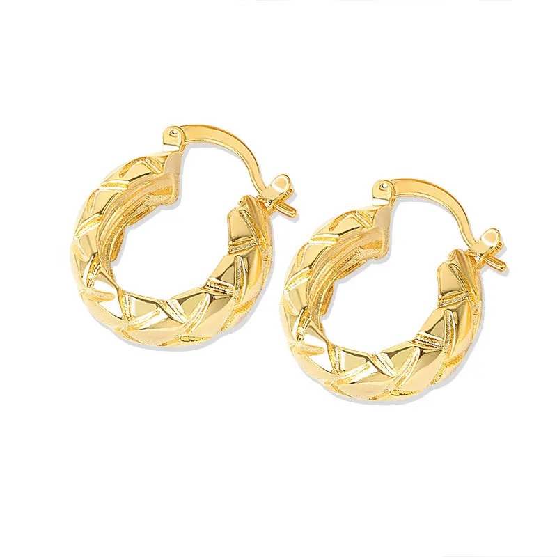 

Ins Hot Selling European and American Exaggerations Women Copper Alloy Grid Pattern Design Gold Loop Personality Earrings, Gold,silver