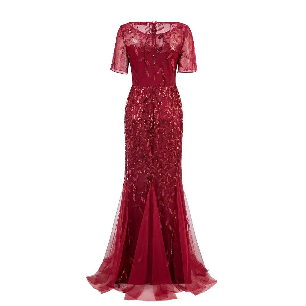 

Plus Size Elegant Leaf Design Women Evening Dresses Mother Of The Bride Clothing Short Sleeve Party Maxi Sequin Evening Dress