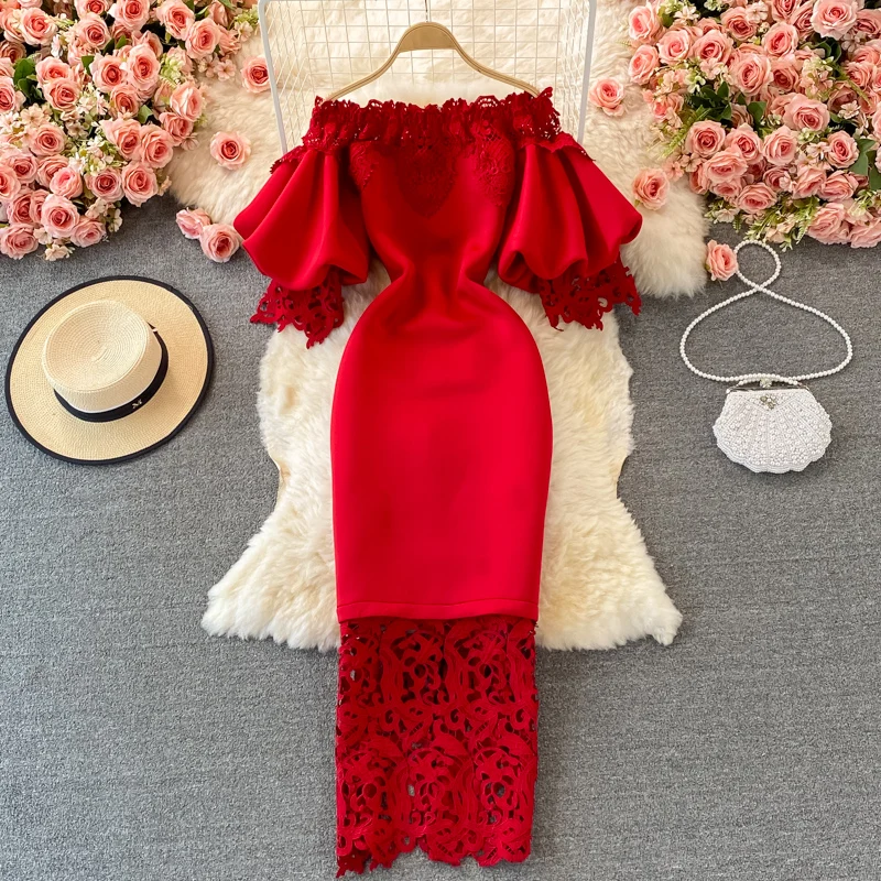 

Retro French High Waist Tight Red Hip Dress Long Lace Off Shoulder Lantern Sleeve Dress Party Lace Midi Length Evening Dress, Picture color