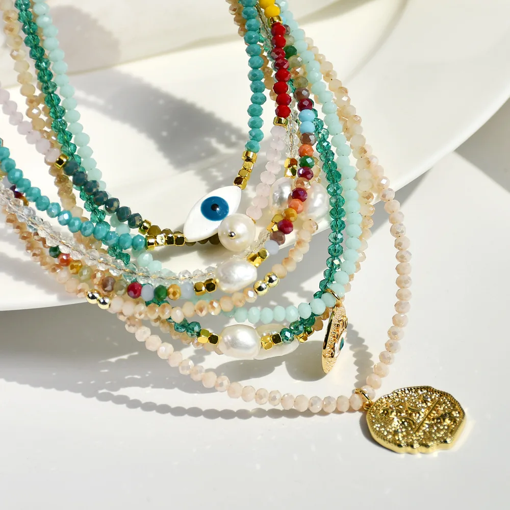 Spring And Summer New Y2k Colored Crystal Beaded Necklace Female Freshwater Pearl Collarbone Chain Necklace